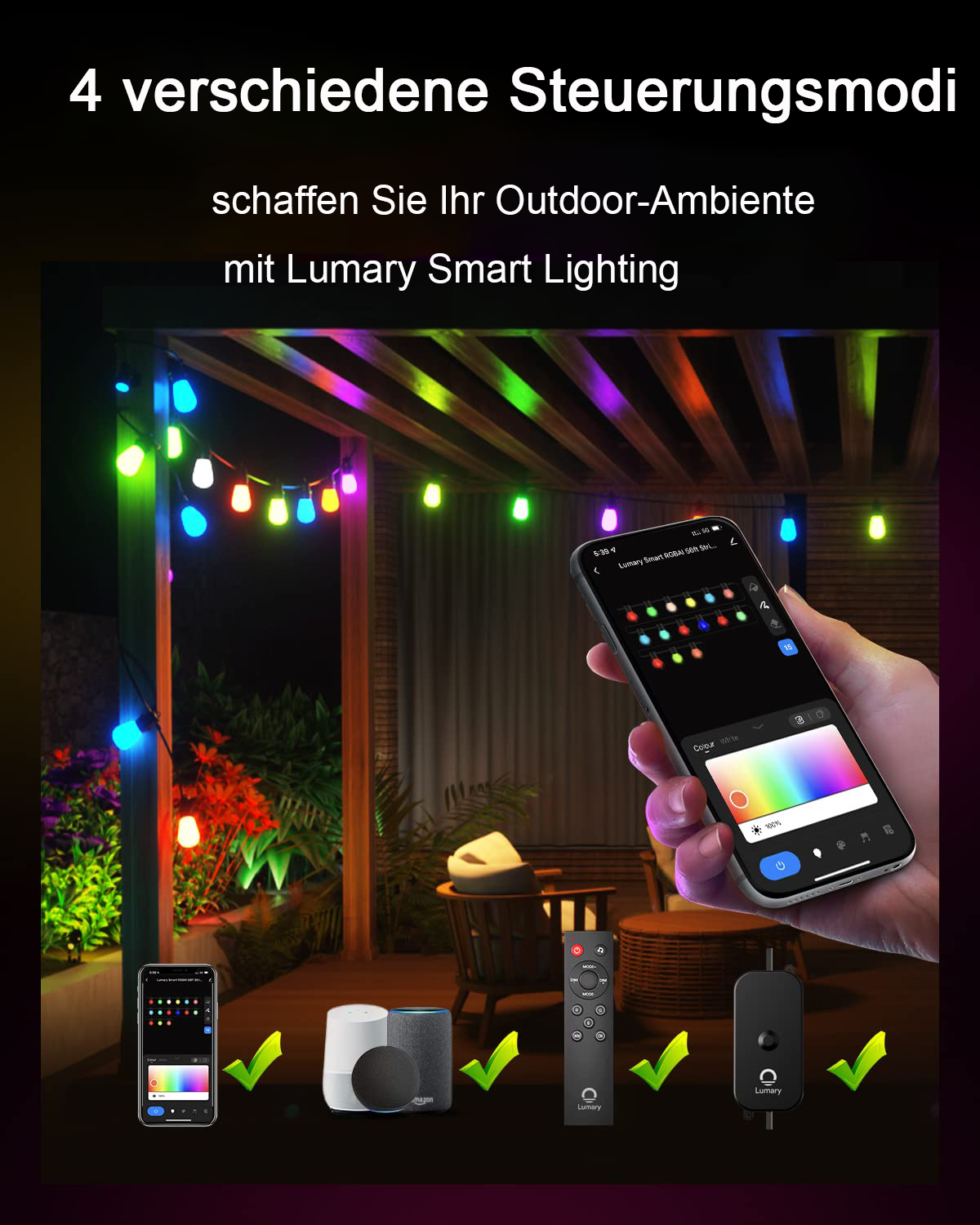 Lumary 16.5m Smarte LED Lichterkette Außen Mit Fernbedienung, Glühbirnen Lichterkette mit 15+1 Birnen